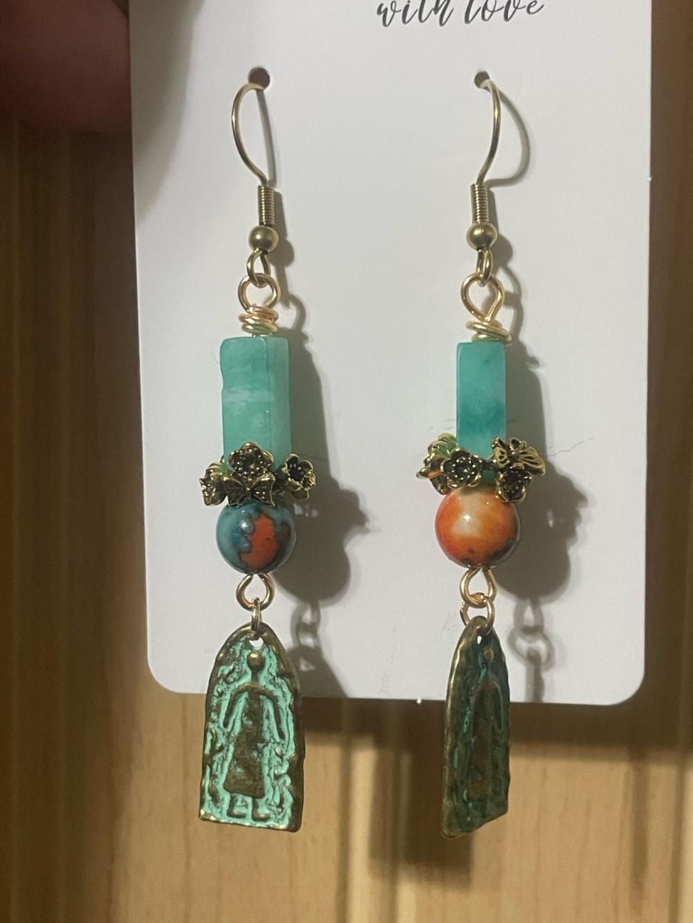 Handmade Turquoise & Orange Dangle Earrings with Gold Accents - Picture 6 of 9